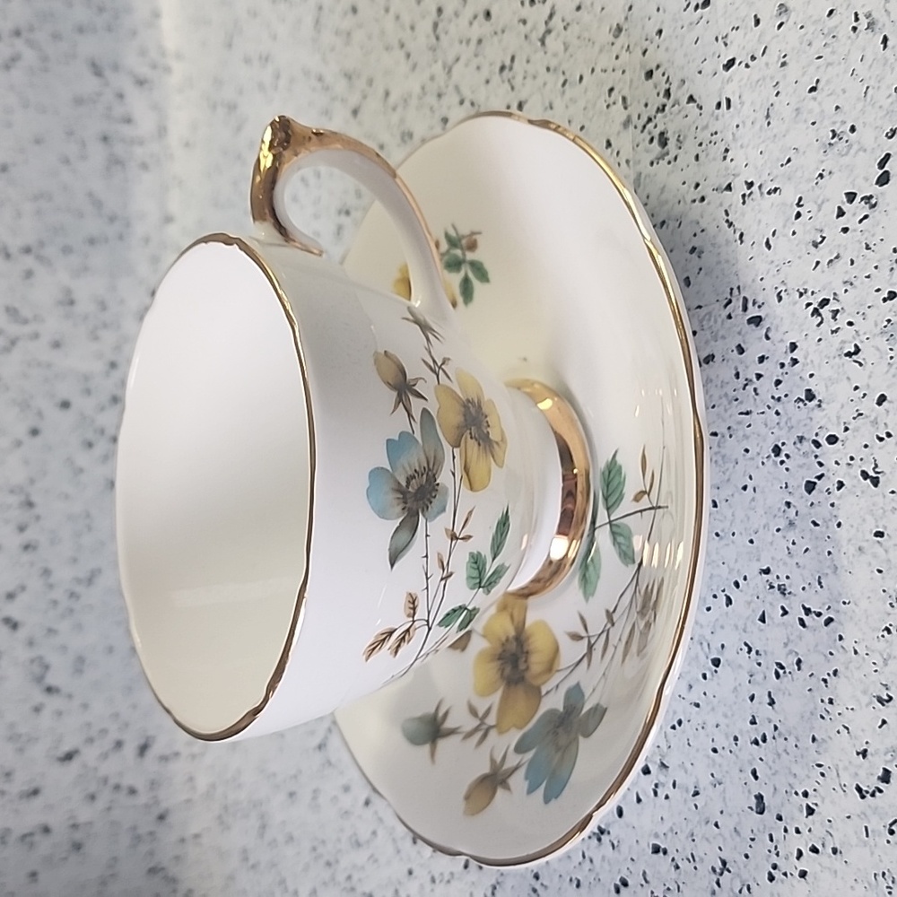 Delphine Tea Cup and Saucer Fine Bone China Blue Yellow Flowers